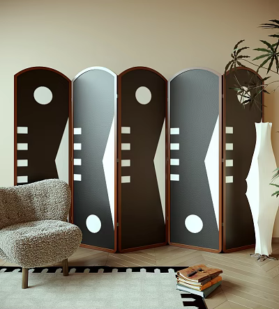Modern Geometric Room Divider With Black White Panels And Circular Accents Wooden Frame Design 3d model