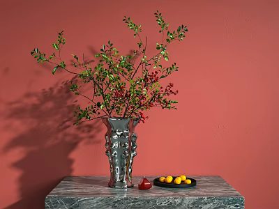 Silver Textured Vase With Green Branches And Red Berries On Marble Countertop Against Red Wall 3d model