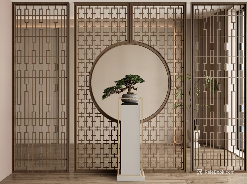 Traditional Chinese Decorative Screen With Geometric Patterns And Circular Cutout For Interior Design 3d model