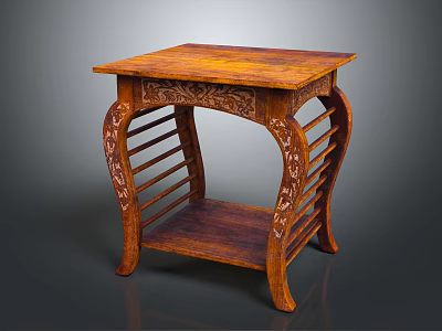 Ornate Wooden Side Table Square Top Carved Legs And Lower Shelf 3d model