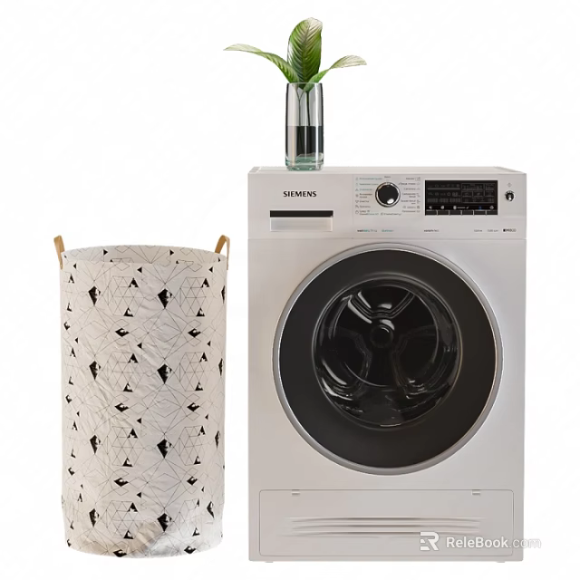 Siemens Front Load Washing Machine With Patterned Laundry Basket And Green Plant Vase 3d model 