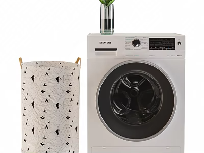 Siemens Front Load Washing Machine With Patterned Laundry Basket And Green Plant Vase 3d model