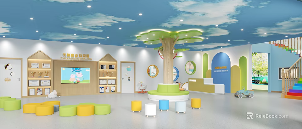 Kindergarten Interior Design Featuring Blue Cloud Ceiling Tree Decor Colorful Stools And Cartoon Wall Art 3d model 