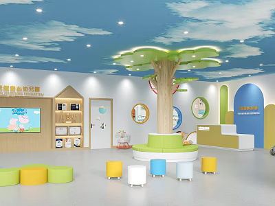 Kindergarten Interior Design Featuring Blue Cloud Ceiling Tree Decor Colorful Stools And Cartoon Wall Art 3d model