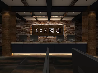 Modern Internet Cafe Interior With Brick Wall Wooden Decor And Computer Monitors 3d model