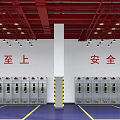 Facility Interior With Safety First Slogan Red Ceiling White Walls Pillar Warning Stripes Silver Equipment