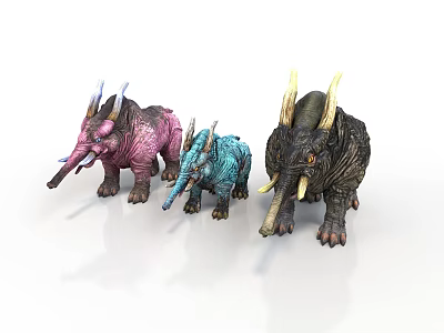 Three Colorful Horned Fantasy Creatures Standing As 3D Models In Pink Blue And Dark Gray 3d model