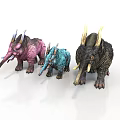 Three Colorful Horned Fantasy Creatures Standing As 3D Models In Pink Blue And Dark Gray