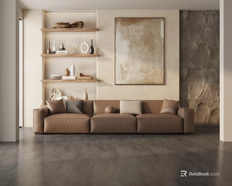 Brown Leather Three Seater Sofa With Decorative Shelves Wall Painting And Stone Wall 3d model 