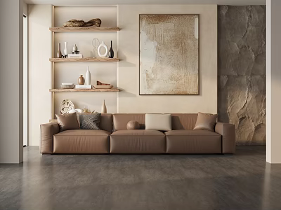 Brown Leather Three Seater Sofa With Decorative Shelves Wall Painting And Stone Wall 3d model