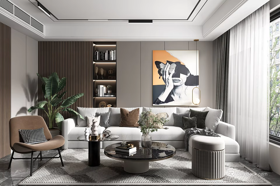 Modern Living Room Sofa Coffee Table Set With Throw Pillows Green Plant And Abstract Painting 3d model 
