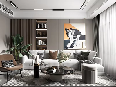 Modern Living Room Sofa Coffee Table Set With Throw Pillows Green Plant And Abstract Painting 3d model