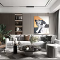 Modern Living Room Sofa Coffee Table Set With Throw Pillows Green Plant And Abstract Painting