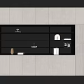 Modern Decorative Cabinet With Sleek Gray Finish Open Shelves And Decor Items