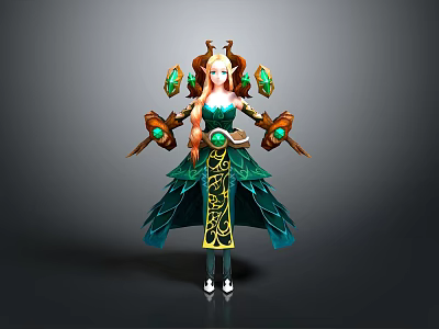 Fantasy Woman Character With Green Dress Golden Decorations Horns And Gemstones 3d model