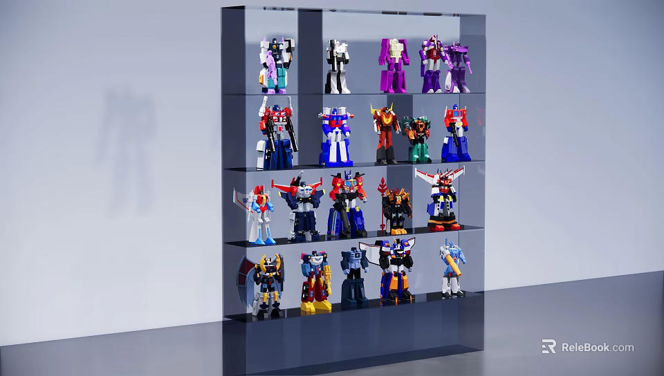 Colorful Action Figures Collection On Glass Display Shelf With Multiple Layers 3d model 