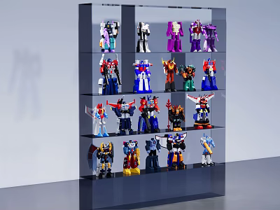 Colorful Action Figures Collection On Glass Display Shelf With Multiple Layers 3d model