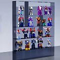 Colorful Action Figures Collection On Glass Display Shelf With Multiple Layers