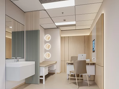 Modern Medical Consultation Room With White Sink Mirror Striped Partition Round Lights And Wooden Cabinets 3d model