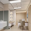 Modern Medical Consultation Room With White Sink Mirror Striped Partition Round Lights And Wooden Cabinets