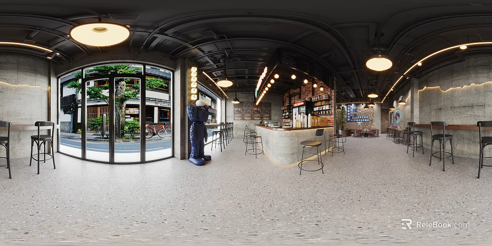 Modern Open Café Interior With Glass Doors Bar Stools Terrazzo Flooring And Pendant Lights 3d model 