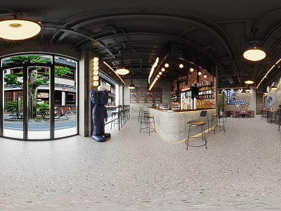 Modern Open Café Interior With Glass Doors Bar Stools Terrazzo Flooring And Pendant Lights 3d model