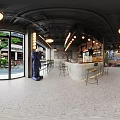 Modern Open Café Interior With Glass Doors Bar Stools Terrazzo Flooring And Pendant Lights