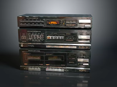 Vintage Retro Stacked Electronic Stereo System With Tape Decks And Amplifiers 3d model