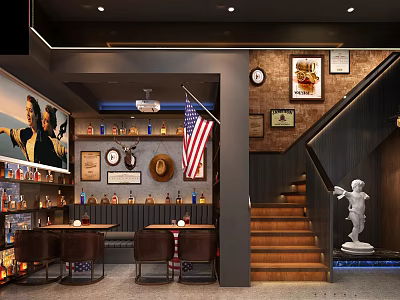 Vintage American Bar Interior Featuring Decorative Paintings Flag Bottles On Bar Counter And Staircase 3d model