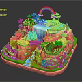 Vibrant Modern 3D Island Scene With Rainbow Waterfall Huts Palm Trees And River Bridge