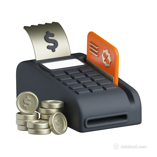 Smart POS Machine with Dollar Sign Receipt Paper Percentage Card and Stacked Coins 3d model 