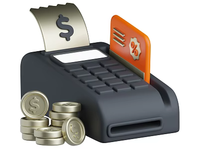Smart POS Machine with Dollar Sign Receipt Paper Percentage Card and Stacked Coins 3d model