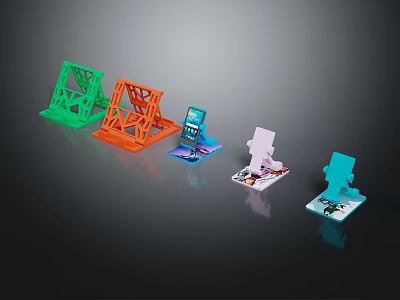 Colorful Commercial Equipment Display Stands In Green Orange Pink Blue With Cards On Black Background 3d model