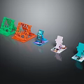 Colorful Commercial Equipment Display Stands In Green Orange Pink Blue With Cards On Black Background