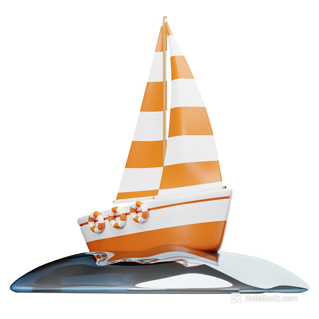Orange And White Sailboat With Striped Sails Hull And Lifebuoys Floating On Water Surface 3d model 