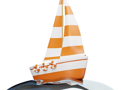 Orange And White Sailboat With Striped Sails Hull And Lifebuoys Floating On Water Surface 3d model