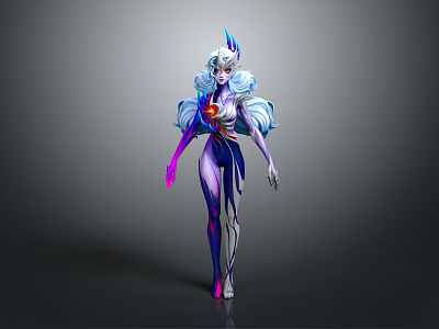 3D Rendered Fantasy Female Character with White Hair Blue Horn Purple Blue Outfit Red Decoration 3d model