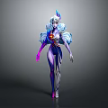 3D Rendered Fantasy Female Character with White Hair Blue Horn Purple Blue Outfit Red Decoration