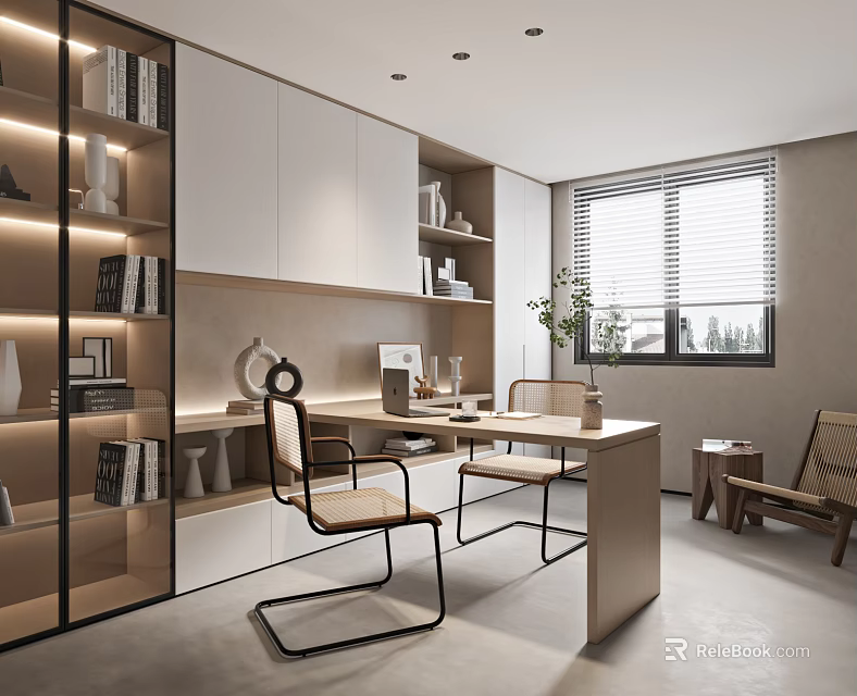 Modern Study Room Interior Design With Open Bookshelves Wooden Desk And Potted Plant 3d model 