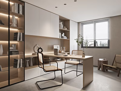 Modern Study Room Interior Design With Open Bookshelves Wooden Desk And Potted Plant 3d model