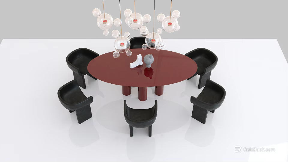 Modern Round Red Dining Table Set With Six Black Chairs And Transparent Pendant Lights 3d model 