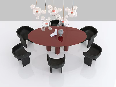 Modern Round Red Dining Table Set With Six Black Chairs And Transparent Pendant Lights 3d model