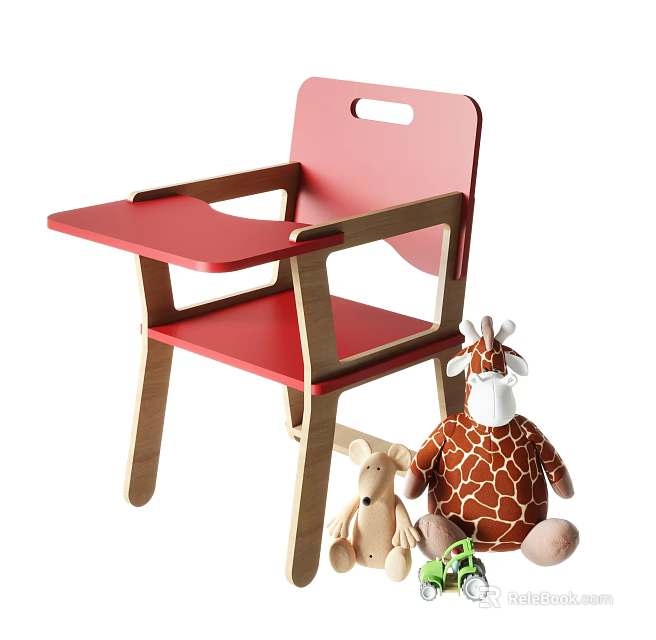 Red Wooden Children's Chair With Armrests Small Table And Plush Giraffe Bear Toys 3d model 