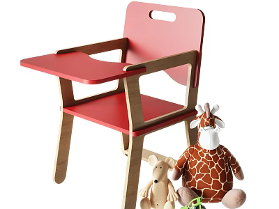 Red Wooden Children's Chair With Armrests Small Table And Plush Giraffe Bear Toys 3d model