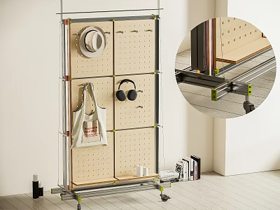 Mobile Storage Shelf With Metal Frame Wooden Shelves Pegboard Panel And Wheels Organizing Hats Bags 3d model