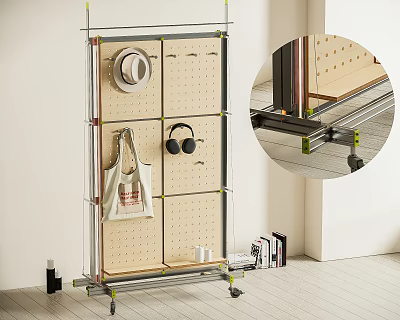 Mobile Storage Shelf With Metal Frame Wooden Shelves Pegboard Panel And Wheels Organizing Hats Bags 3d model