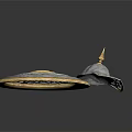 Intricate Cosmic Space Exploration Artifact With Circular Gold Silver Accents And Spire Top Design