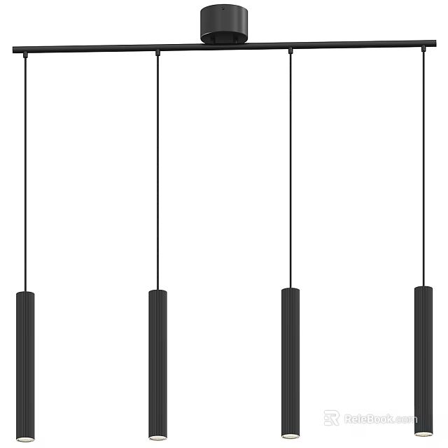 Modern Four Black Long Strip Chandeliers Hanging In Minimalist Interior Design 3d model 