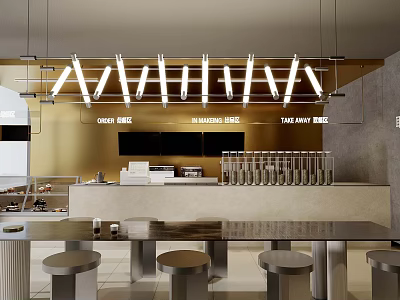 Modern Milk Tea Shop Interior With Open Counter Gold Wall Hanging Lights And Tables Chairs 3d model