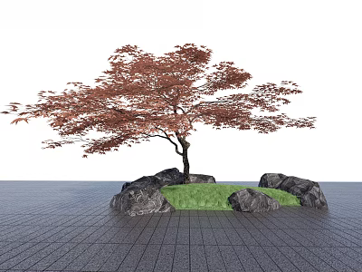 Arbor With Red Leaves Surrounded By Rocks Green Grass And Brick Pavement 3d model
